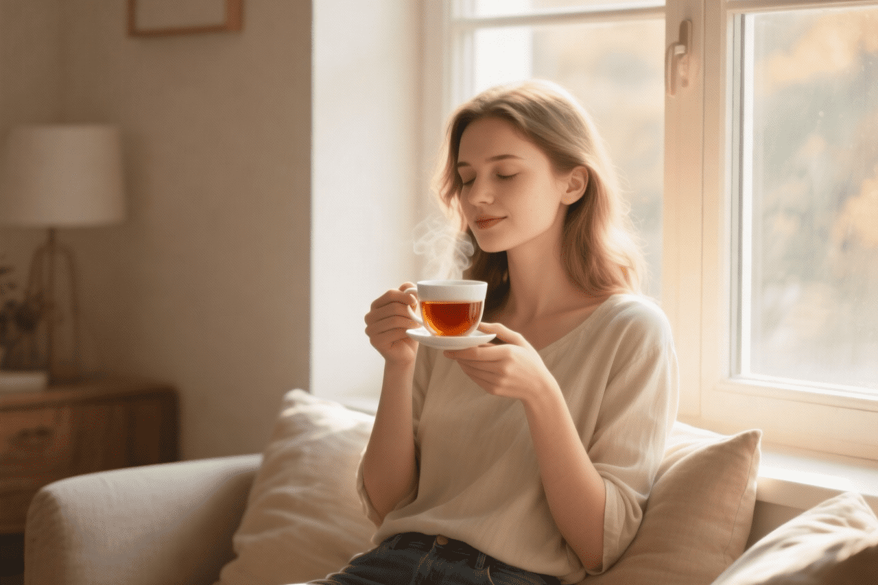 Woman holding a cup of tea by the window, representing natural relief for period pain