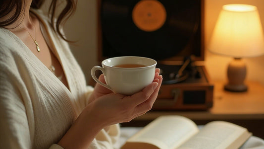 A woman enjoying a moment of peace, holding a cup of steaming rose tea in morning sunlight, illustrating the daily ritual of using rose tea for anxiety relief.